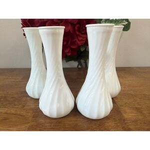 Vintage Hoosier Glass White Milk Glass Swirl Vases Set Holiday Wedding Decor‎